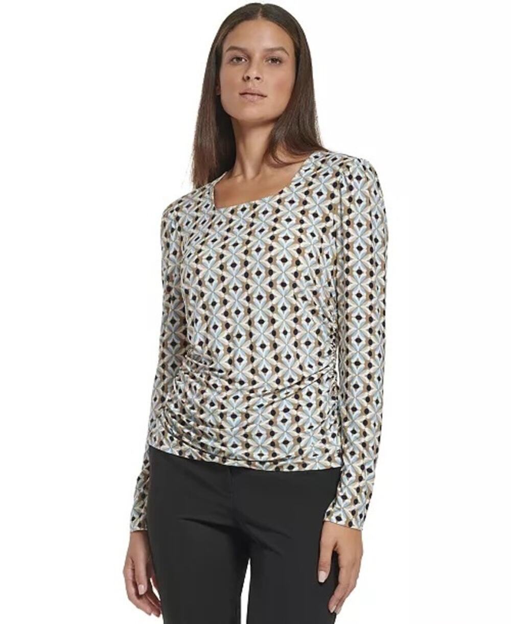 NWT Women's Geometric-Print Ruched Square-Neck Top Small